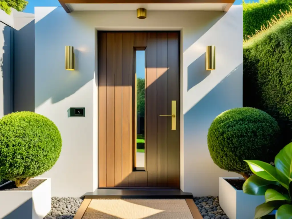 Una puerta principal de madera elegante y minimalista rodeada de vegetación exuberante, emitiendo buenas vibraciones y armonía Feng Shui