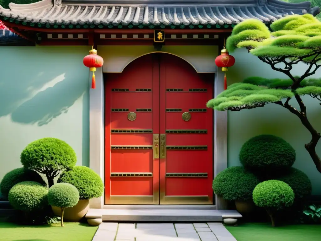 Una puerta tradicional china enmarcada por un exuberante jardín, evocando armonía y equilibrio según los principios de Feng Shui puertas y ventanas