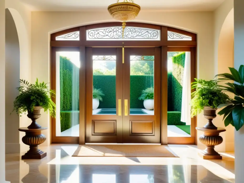 Unas puertas dobles de madera elegante con intrincados grabados y manijas de latón, flanqueadas por altas ventanas con cortinas blancas translúcidas