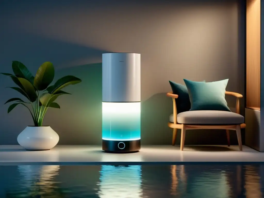 Un purificador de aire inteligente Feng Shui en un espacio armonioso con diseño minimalista y luz LED suave, creando serenidad