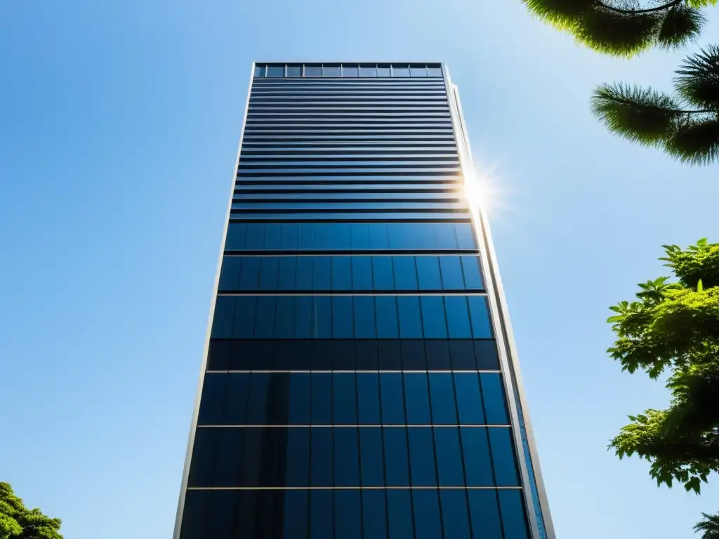 Un rascacielos moderno y minimalista se eleva contra un cielo azul claro, con líneas elegantes y paneles de vidrio reflectante