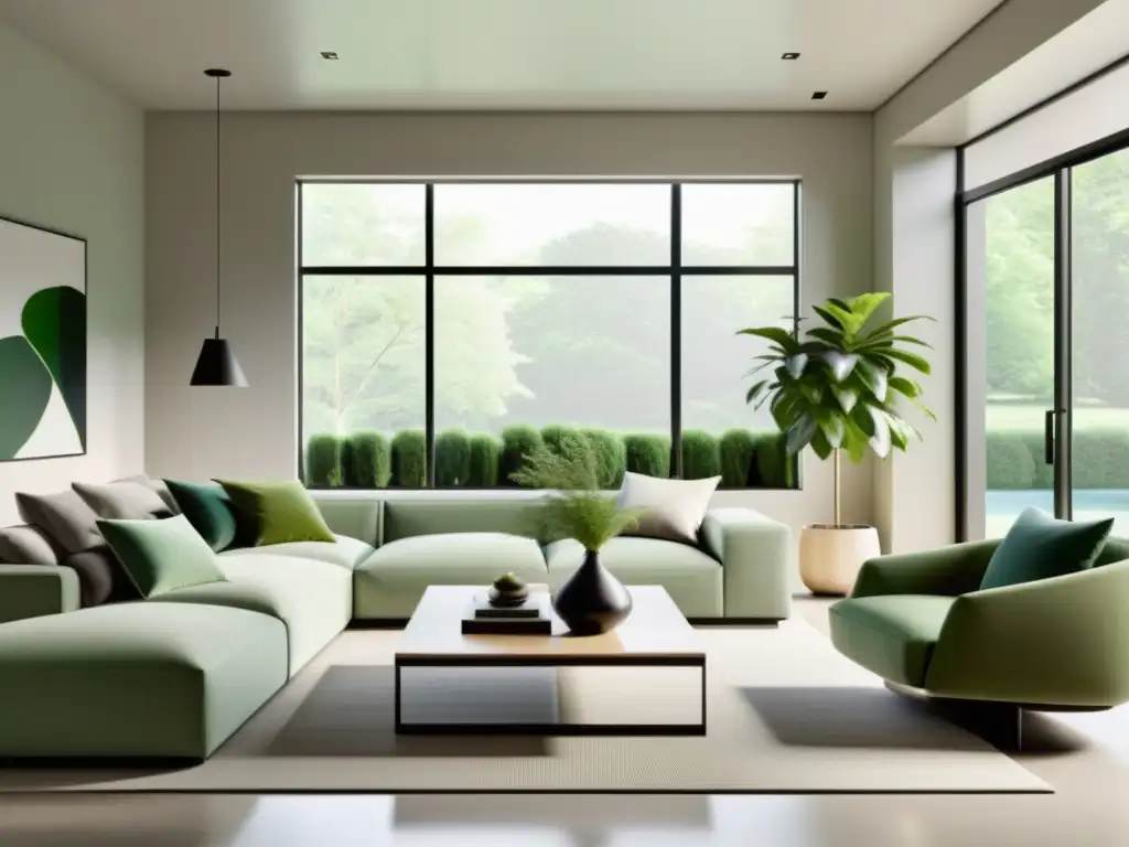 Feng Shui realidad aumentada hogar: Sala de estar moderna y minimalista con decoración equilibrada y plantas verdes