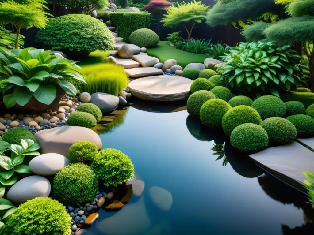 Diseño jardín Feng Shui realidad virtual: Imagen en 8k de un jardín sereno con elementos naturales y armonía visual