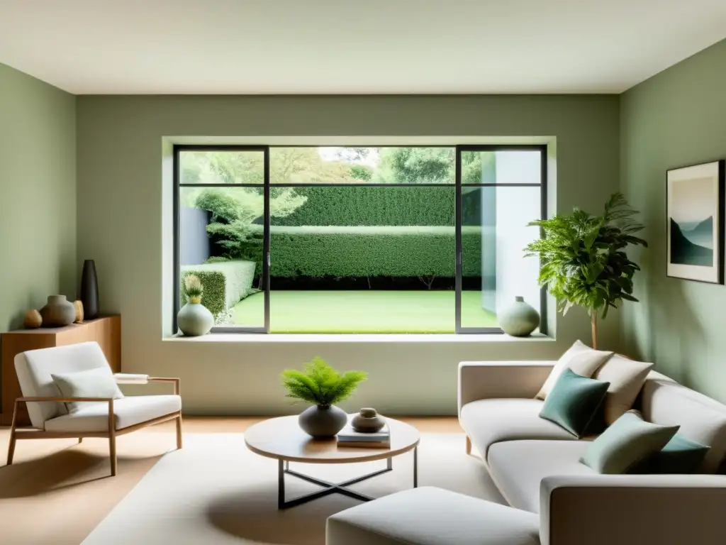 Realidad virtual y feng shui: Sala minimalista serena con vista a jardín, luz natural y decoración armoniosa