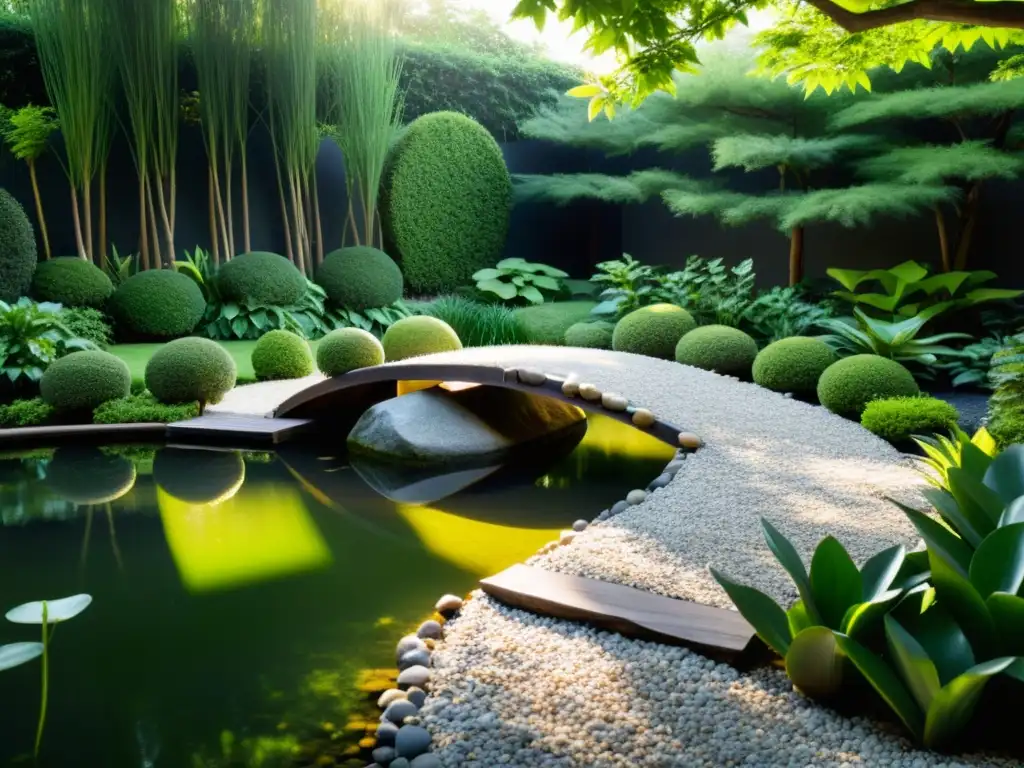 Diseño jardín Feng Shui en realidad virtual: un oasis de tranquilidad y armonía con rocas, puente sobre un estanque y exuberante vegetación