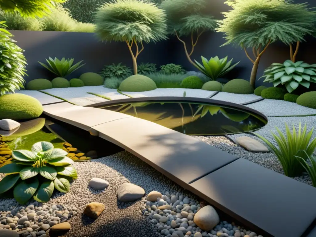 Diseño jardín Feng Shui en realidad virtual con rocas, puente sobre estanque y plantas, creando armonía y paz