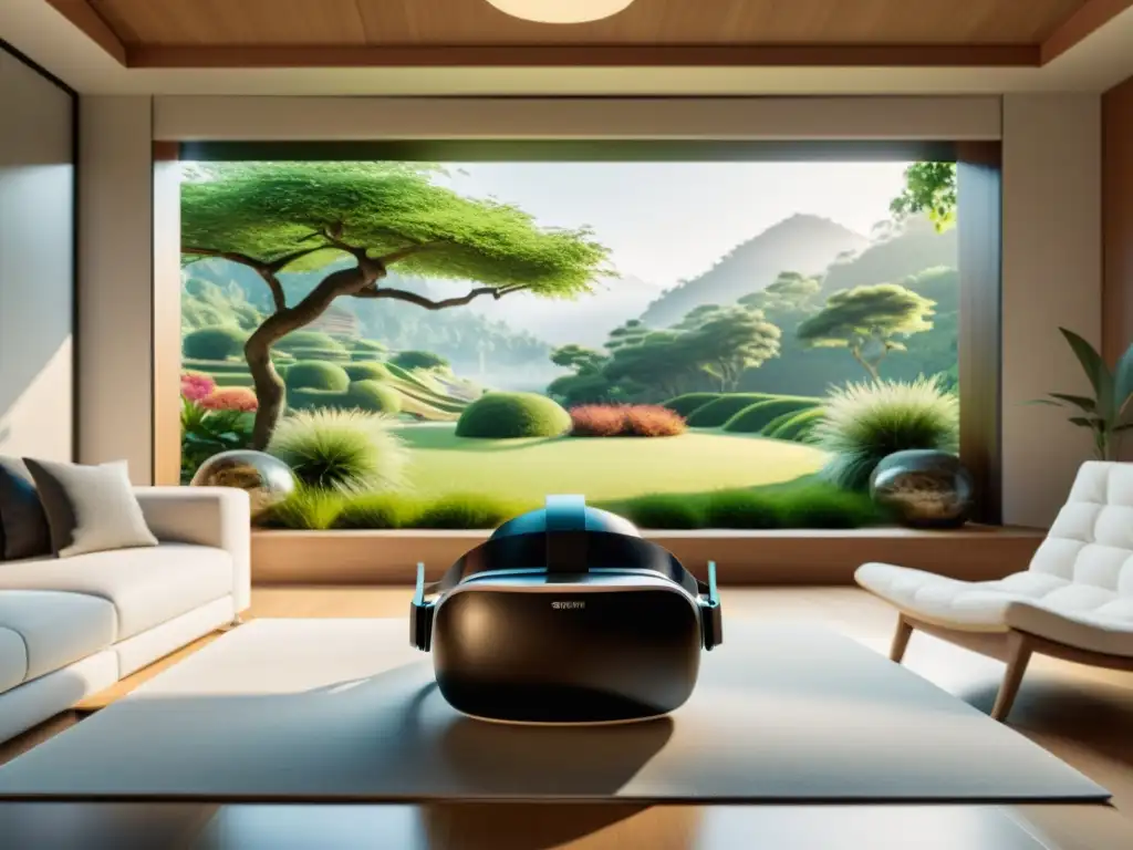 Diseño Feng Shui con realidad virtual: Sala minimalista con auriculares VR en mesa moderna, luz natural y jardín armonioso