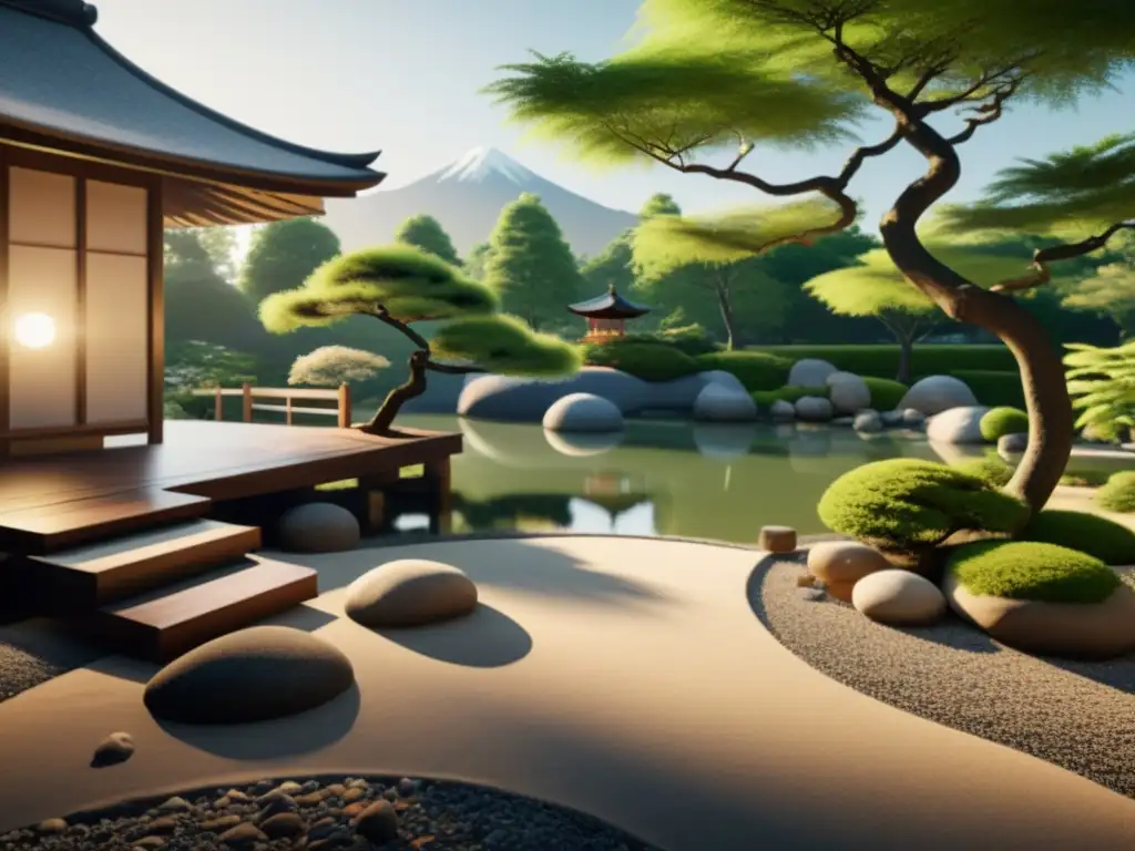 Realidad virtual para experimentar Feng Shui: Jardín japonés tranquilo con luz solar filtrada y bonsáis cuidadosamente podados