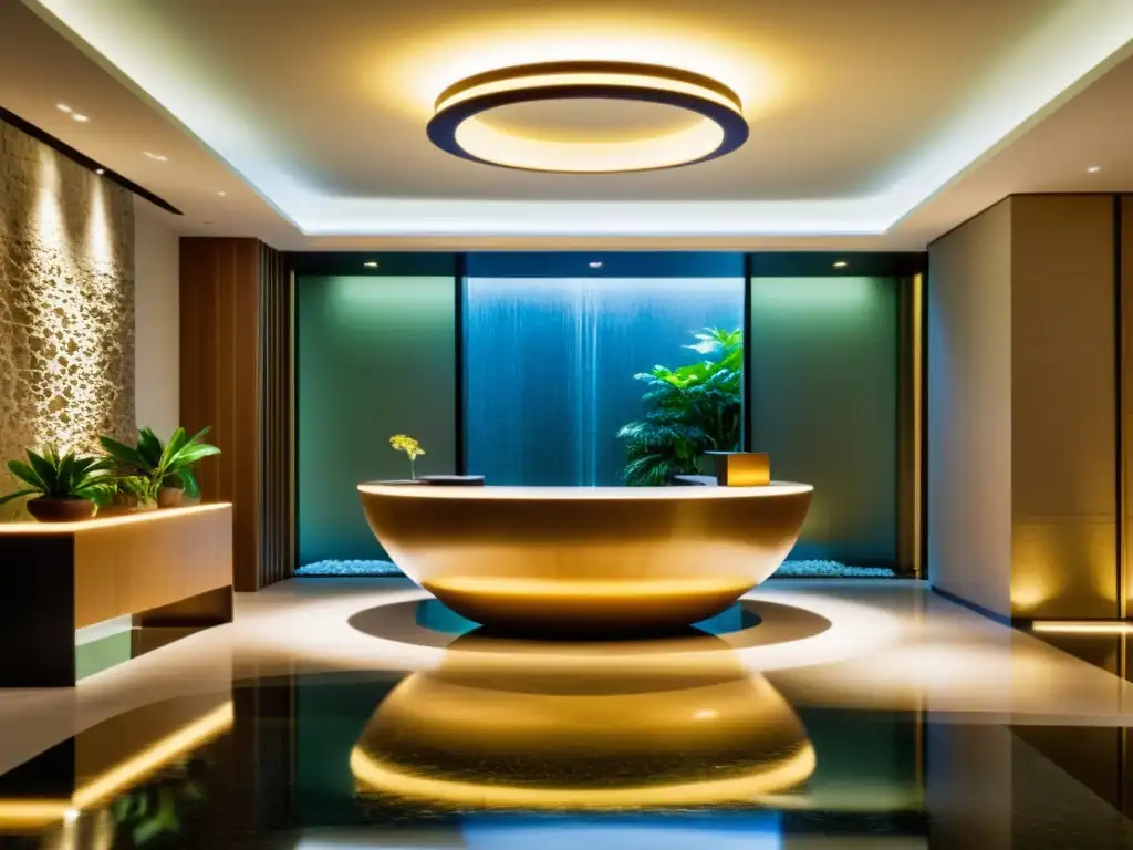 Recepción de hotel minimalista con fuente de agua inspirada en el Feng Shui para recepciones hoteleras, creando armonía y tranquilidad