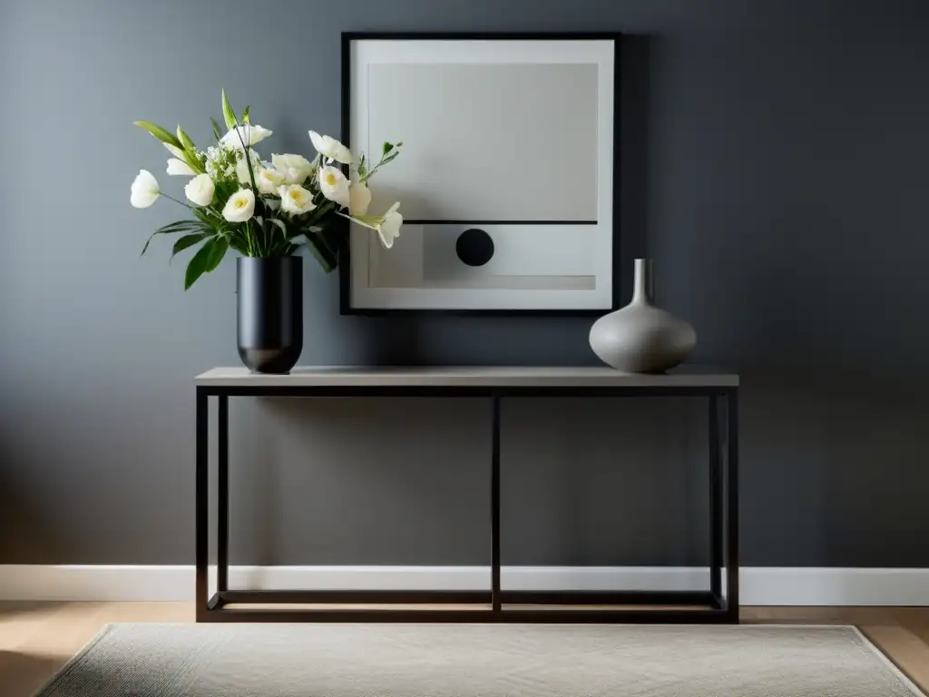 Un recibidor sereno y despejado con un elegante mueble de entrada negro, adornado con arte y flores frescas