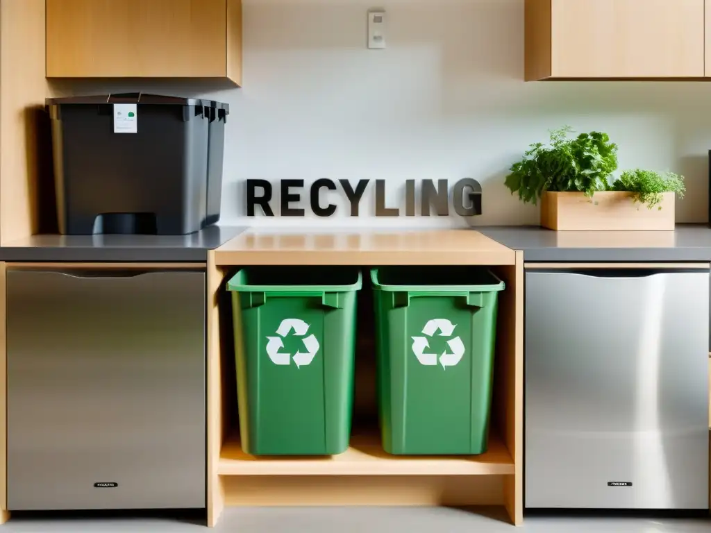 Estación de reciclaje en cocina moderna con principios básicos de feng shui para reciclaje