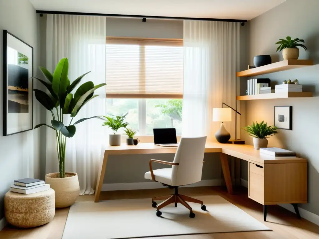 Rediseño casero con Feng Shui: Espacio de oficina sereno, minimalista, con escritorio despejado, silla cómoda y suave iluminación natural filtrada por cortinas transparentes