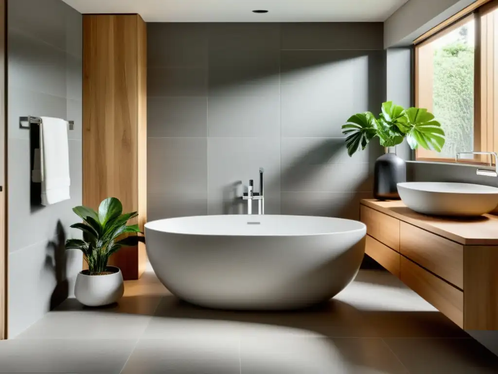 Rediseño de cuarto baño Feng Shui: Sereno baño minimalista con bañera independiente, lavabo moderno y suave iluminación