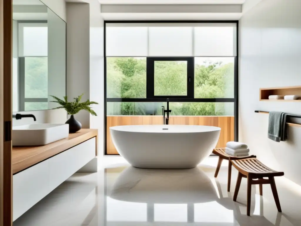 Rediseño cuarto baño Feng Shui: Baño minimalista con bañera independiente, ventana grande y elementos modernos