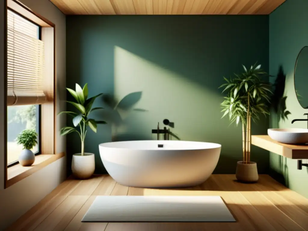 Rediseño cuarto baño Feng Shui: Ambiente sereno con elementos naturales, luz suave y toque de verdor