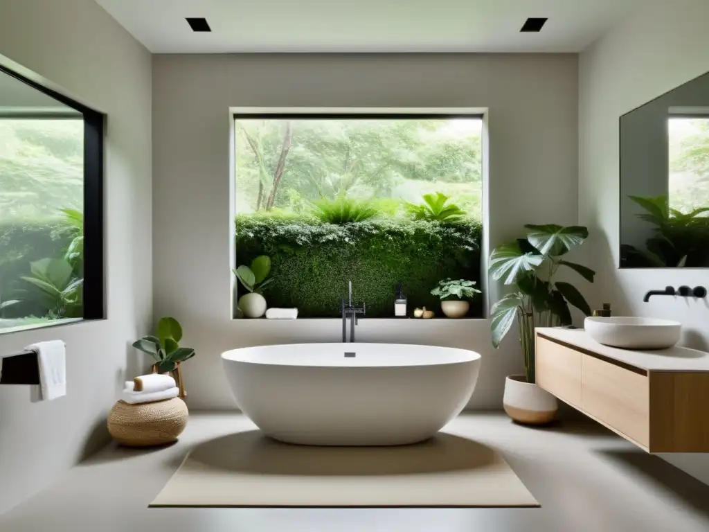 Rediseño cuarto baño Feng Shui: Sereno baño minimalista con tonos neutros, luz natural y un tranquilo jardín interior