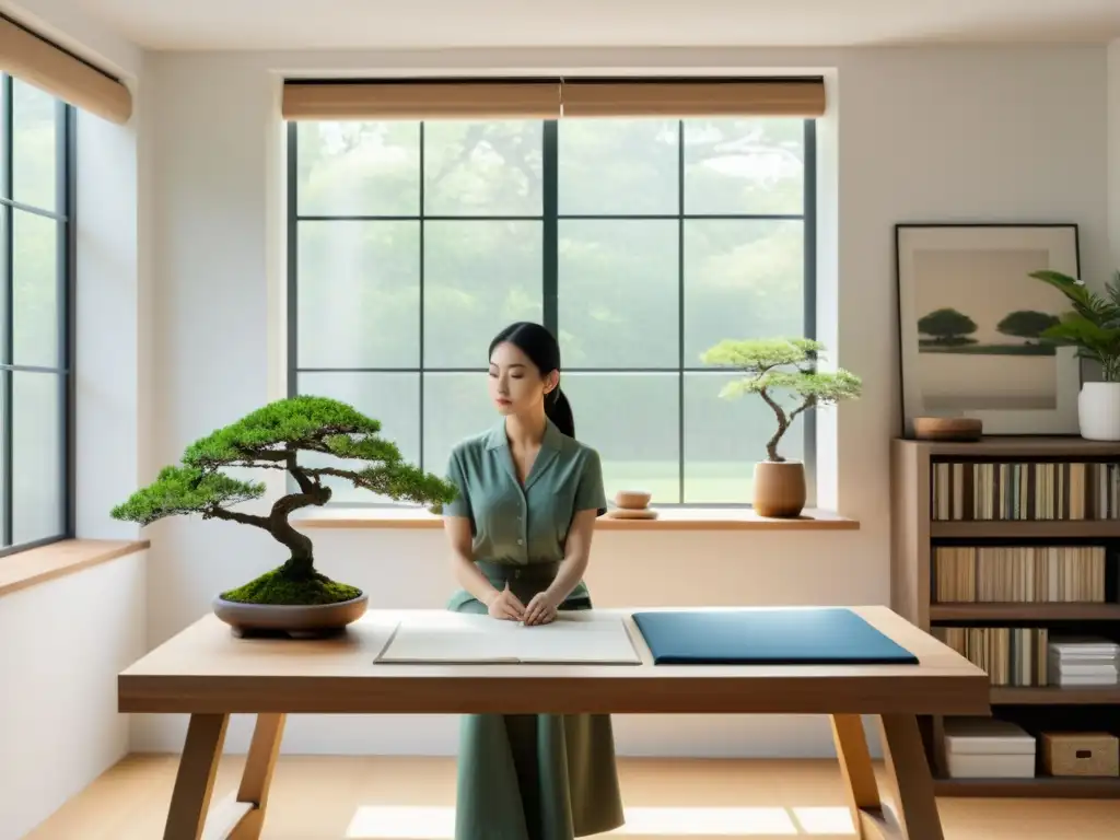 Rediseño estudio artístico con feng shui: Espacio minimalista con luz natural, arte elegante y bonsái, transmitiendo calma y armonía