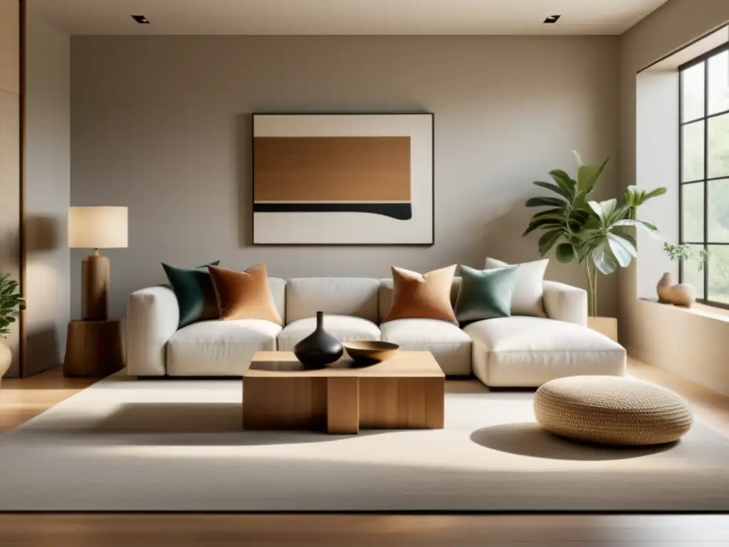 Rediseño sala estar Feng Shui: Sala minimalista con tonos terrosos, almohadas en el suelo y arte abstracto