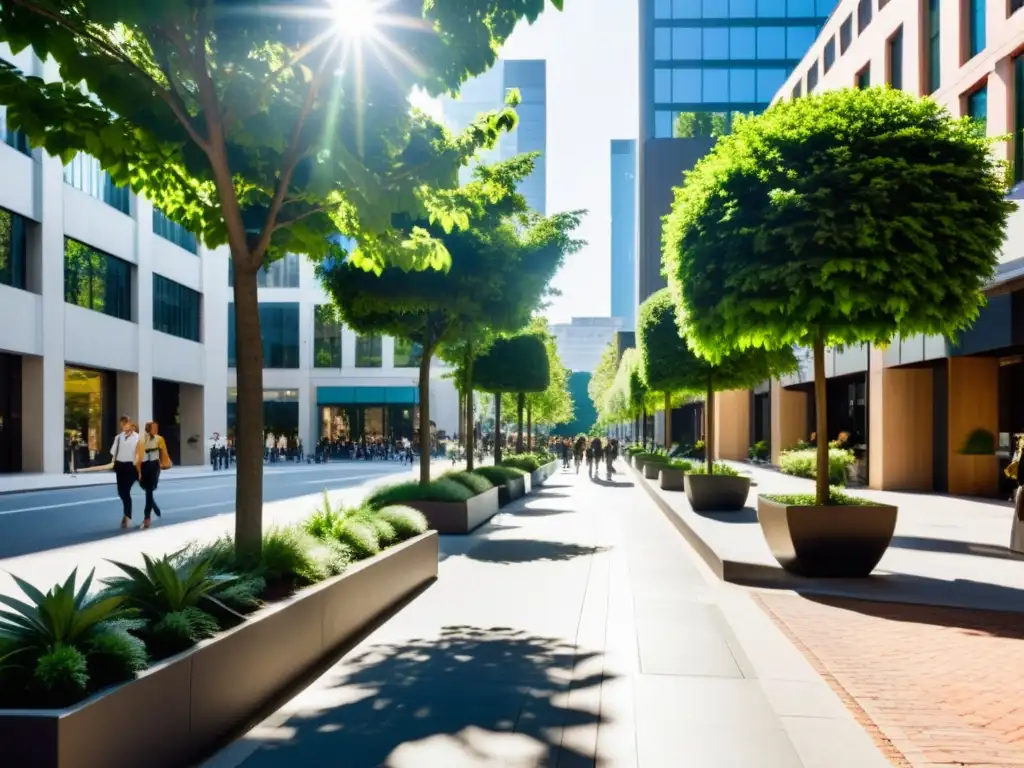 Rediseño urbano con Feng Shui: Calle urbana con edificios modernos, plantas y árboles, creando armonía y equilibrio natural