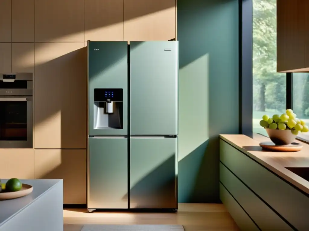 Un refrigerador inteligente Feng Shui en una cocina armoniosa y moderna, con líneas limpias y frente de vidrio