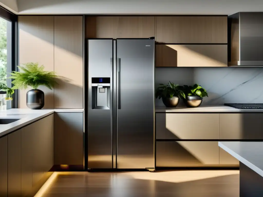 Refrigerador inteligente Feng Shui en cocina armoniosa y equilibrada con decoración cuidadosamente seleccionada