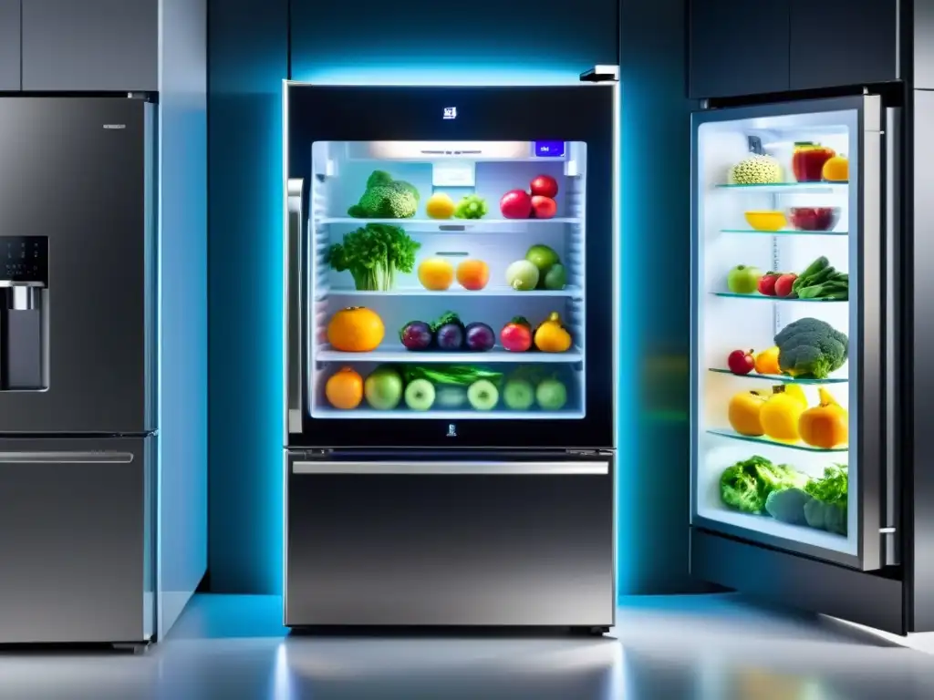 Refrigerador inteligente Feng Shui con frutas y verduras vibrantes en estantes de vidrio, iluminación ambiental moderna