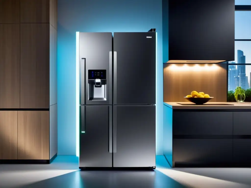 Un refrigerador inteligente Feng Shui, con diseño minimalista y pantalla táctil, iluminado por suave luz LED en un ambiente moderno y sereno