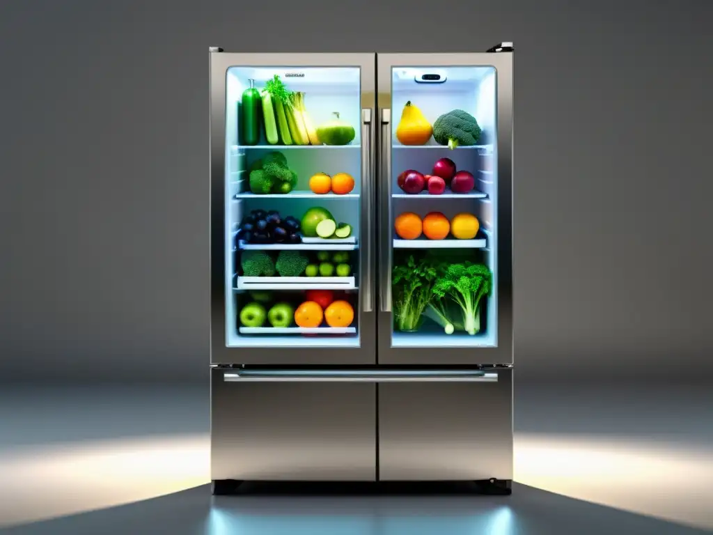 Un refrigerador moderno con frutas y verduras organizadas, iluminadas con colores vibrantes