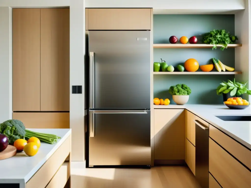 Un refrigerador moderno y minimalista con frutas y verduras frescas, irradiando armonía y energía positiva en una cocina bien iluminada