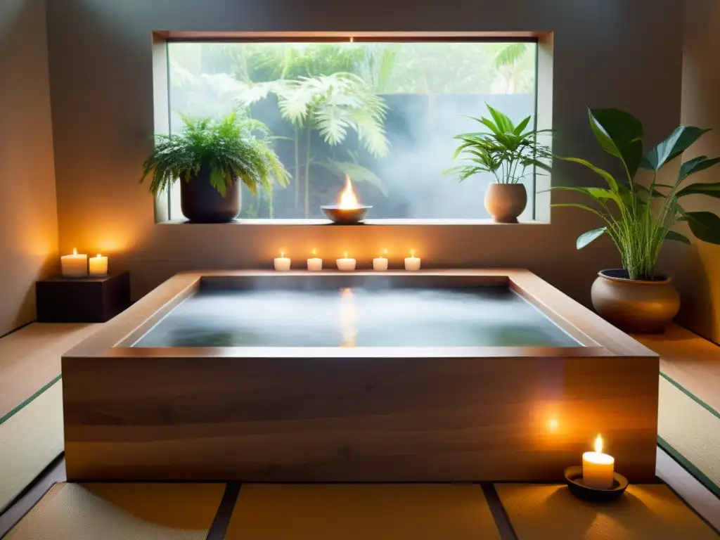 Un relajante baño japonés rodeado de plantas y luz de velas, ideal para rituales baños purificación energética