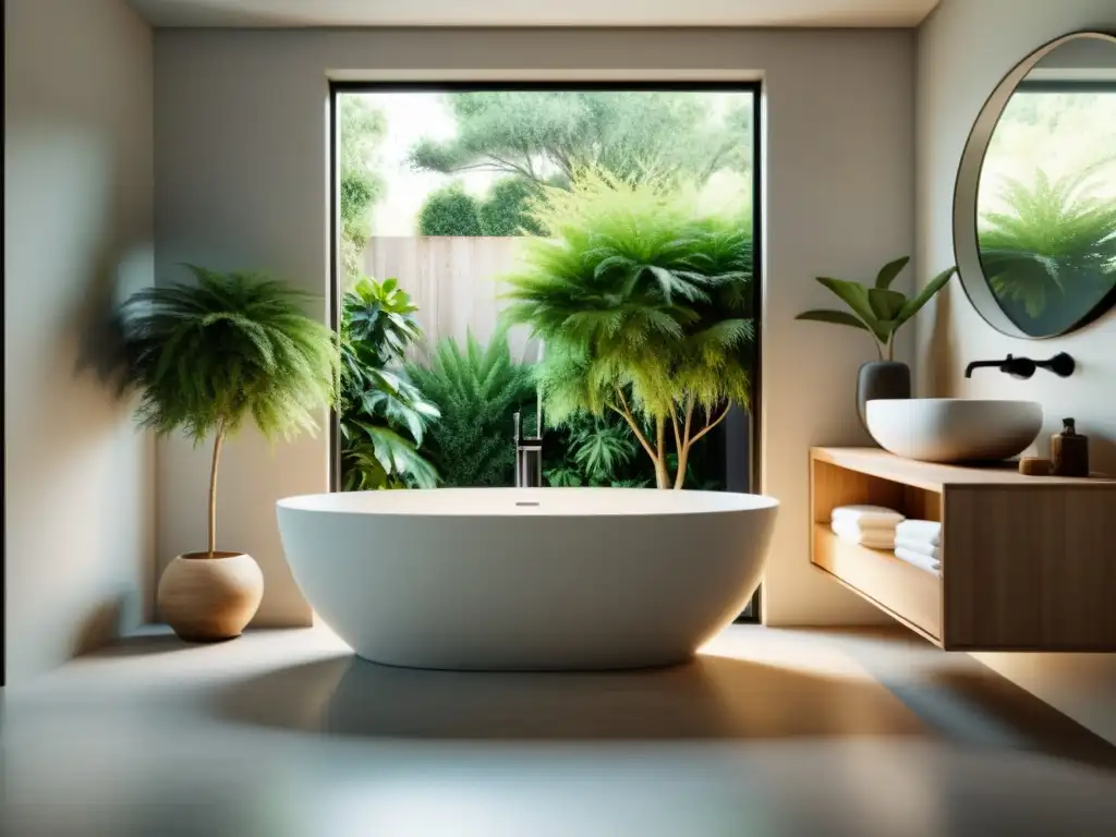 Baño relajante con decoración Feng Shui y organización, en tonos neutros y luz natural