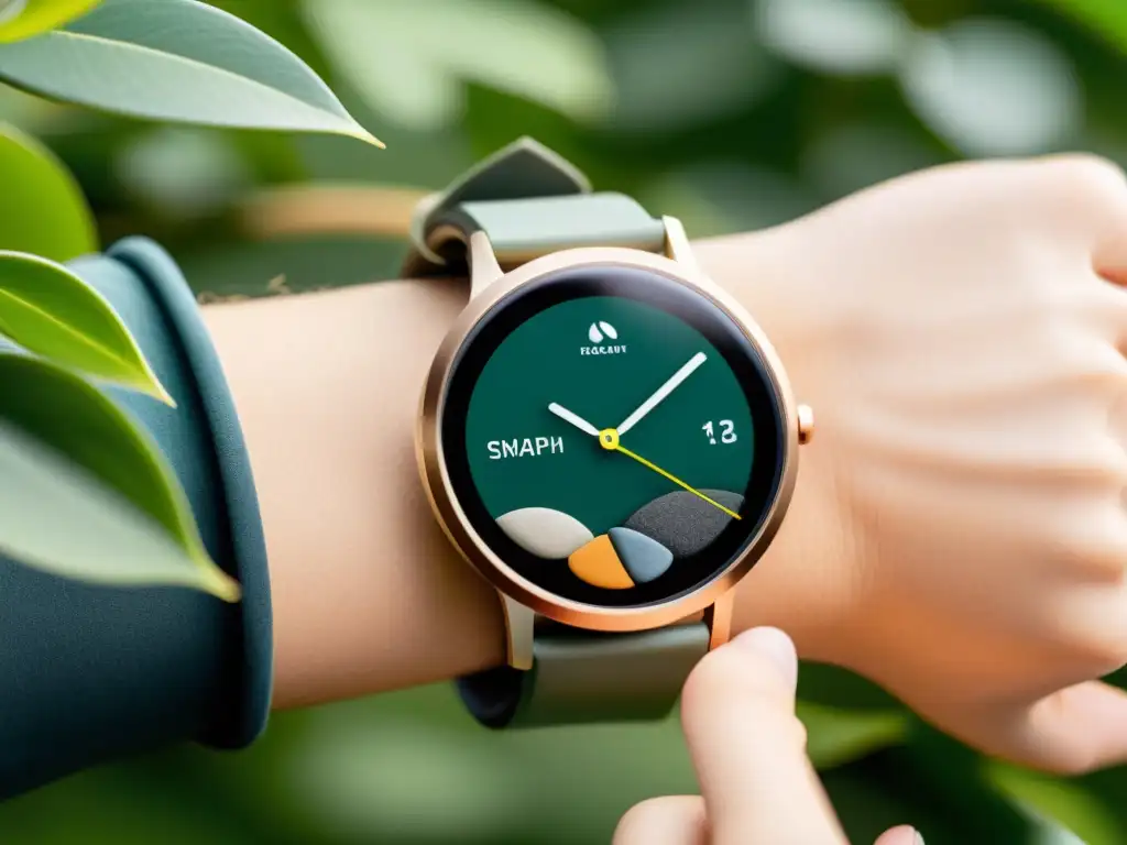 Reloj inteligente minimalista en armonía con la naturaleza Un reloj inteligente minimalista con diseño moderno en armonía con la naturaleza, evocando tranquilidad y equilibrio