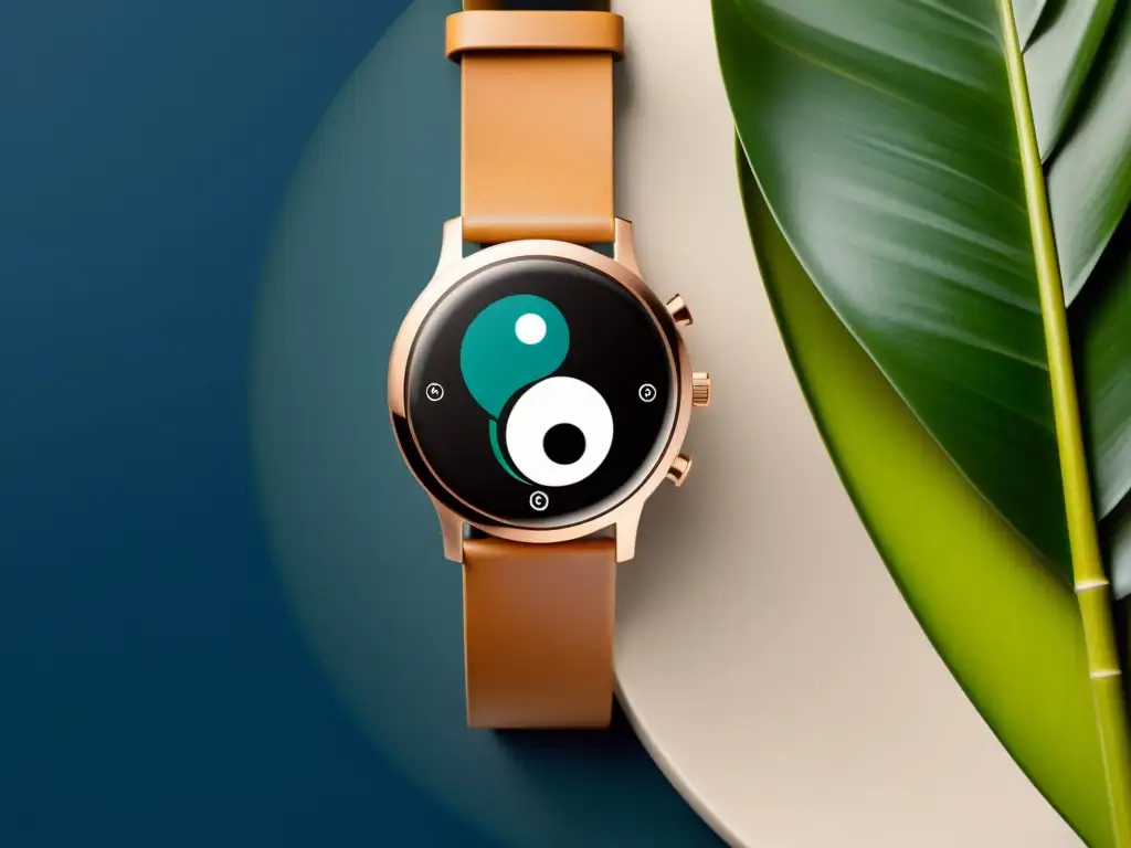 Reloj inteligente con símbolo yin yang en espacio armonioso Un reloj inteligente moderno con un diseño minimalista que incluye el símbolo del yin yang rodeado de elementos naturales calmantes como agua, bambú y piedras suaves