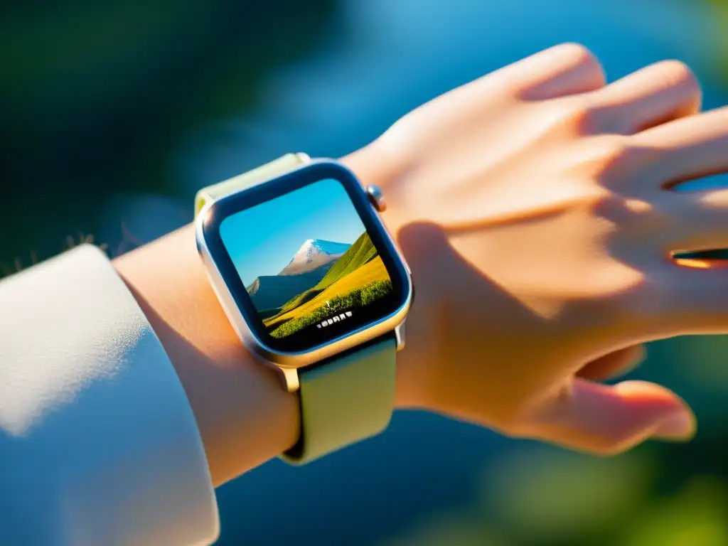 Reloj inteligente moderno en entorno sereno Un reloj inteligente moderno y minimalista en una superficie despejada, con una imagen equilibrada y armoniosa que transmite tranquilidad y serenidad