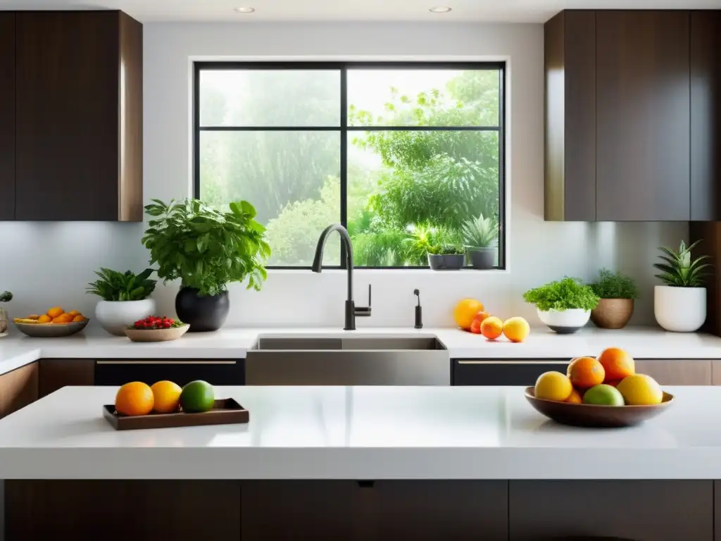 Remodelación de cocina con Feng Shui: Cocina minimalista con luz natural, electrodomésticos modernos y frutas frescas vibrantes