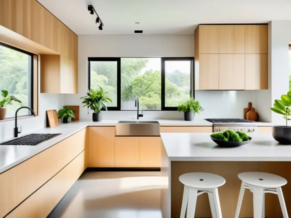 Remodelación de cocina con Feng Shui: Cocina minimalista con madera clara, encimeras blancas y luz natural