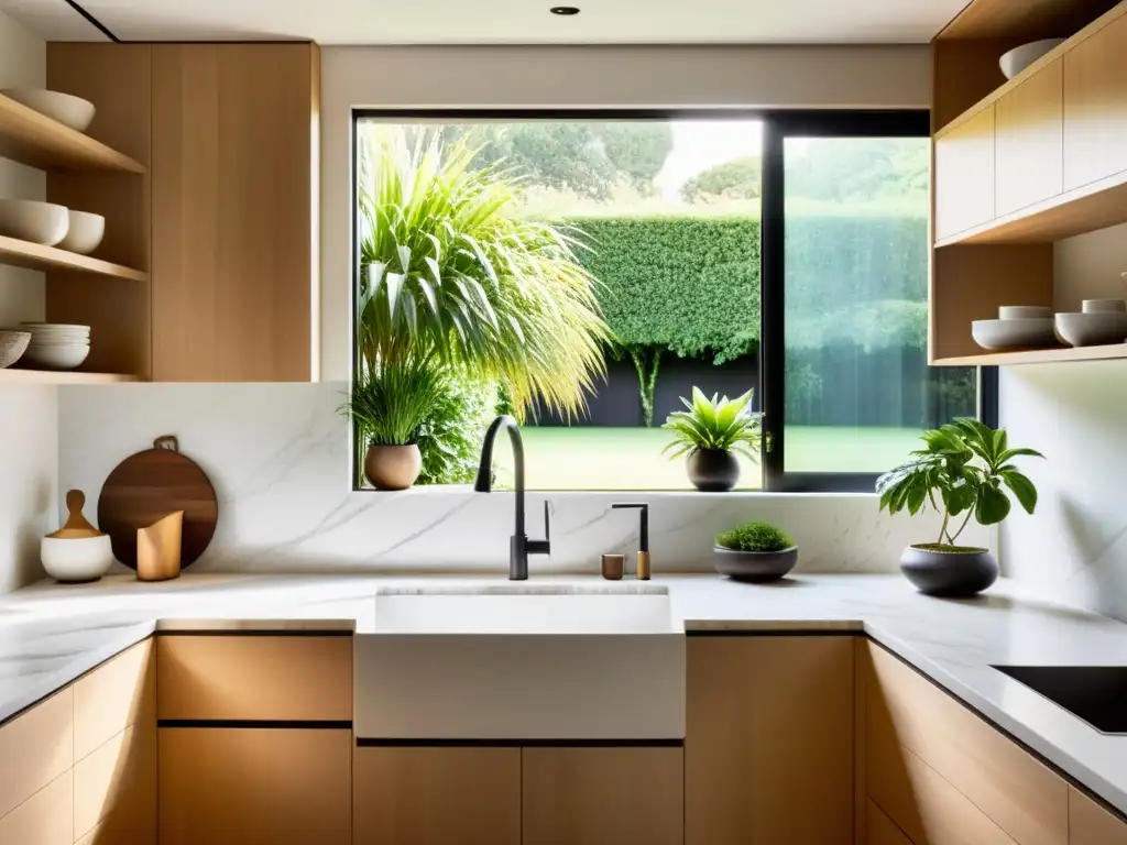 Remodelación de cocina con Feng Shui: Cocina minimalista con madera clara, encimeras de mármol blanco y vista al jardín tranquilo