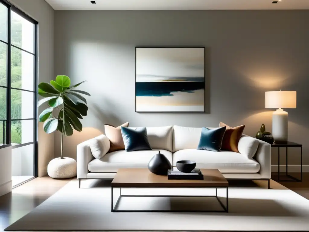 Renovaciones con Intención Feng Shui: Sala de estar minimalista y serena con muebles elegantes y luz natural que crea armonía