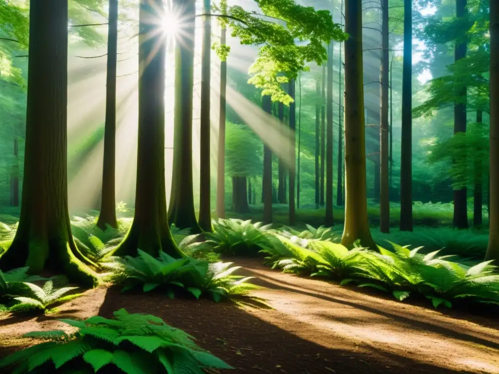 Fotografía representativa de los cinco elementos: Bosque sereno con luz solar filtrándose entre hojas verdes