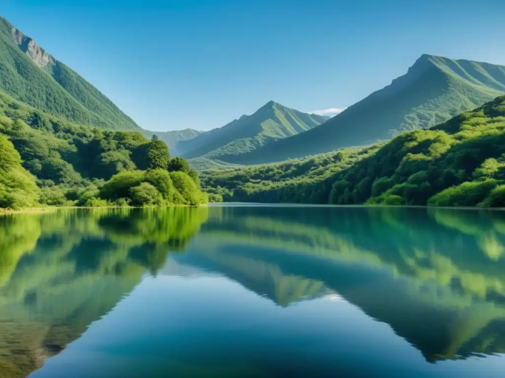 Fotografía representativa de los cinco elementos: Sereno lago reflejando cielo azul, vegetación exuberante y montañas al fondo