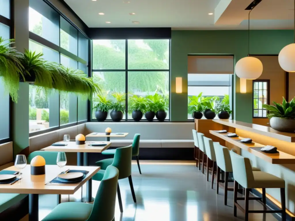 Un restaurante minimalista con armonía, luz natural, plantas y agua, aplicando Feng Shui para atraer clientes