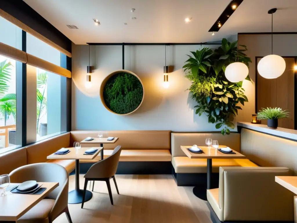 Un restaurante minimalista con diseño Feng Shui en el branding gastronómico, con líneas limpias, tonos cálidos y decoración armoniosa