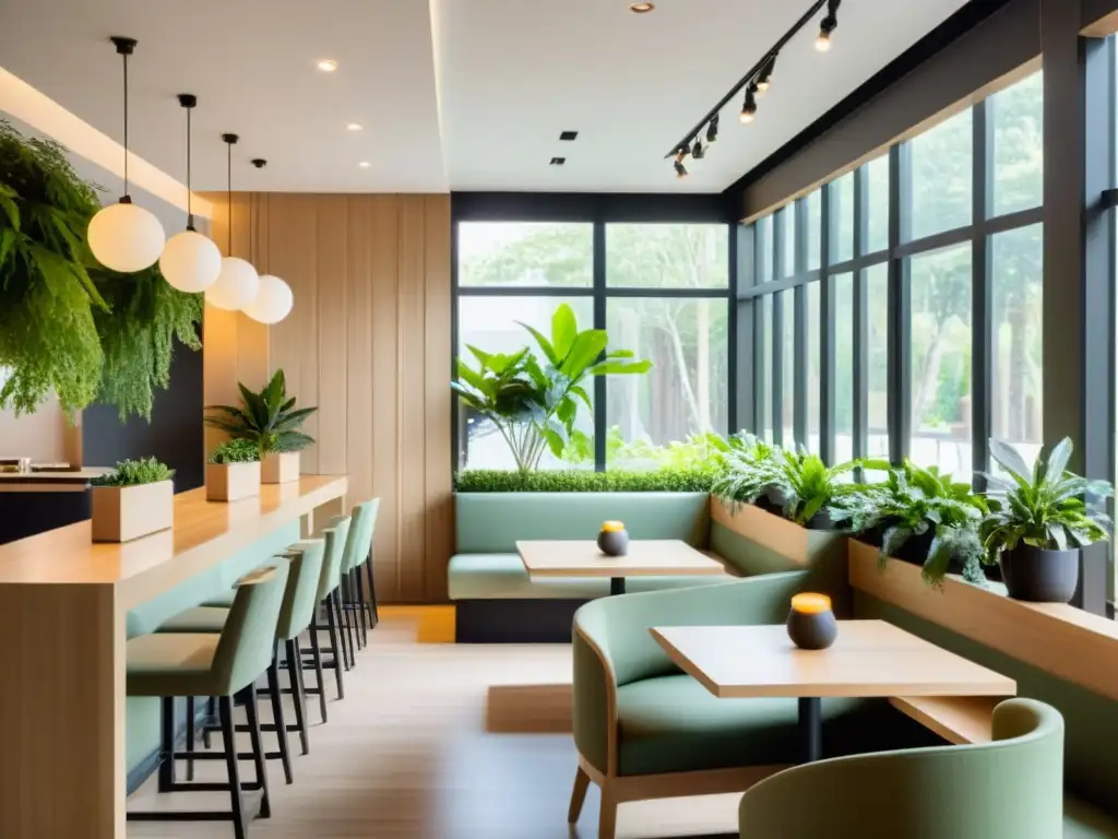 Un restaurante minimalista y sereno con detalles de madera natural, iluminación ambiental suave y plantas en macetas