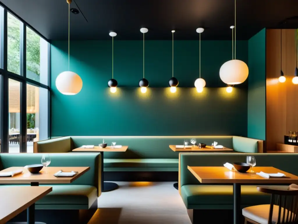 Un restaurante moderno diseñado con principios de Feng Shui para promover armonía y equilibrio, con líneas limpias y materiales naturales