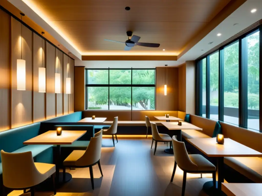 Un restaurante sereno y minimalista con iluminación suave y cálida, madera natural y paneles absorbentes de sonido