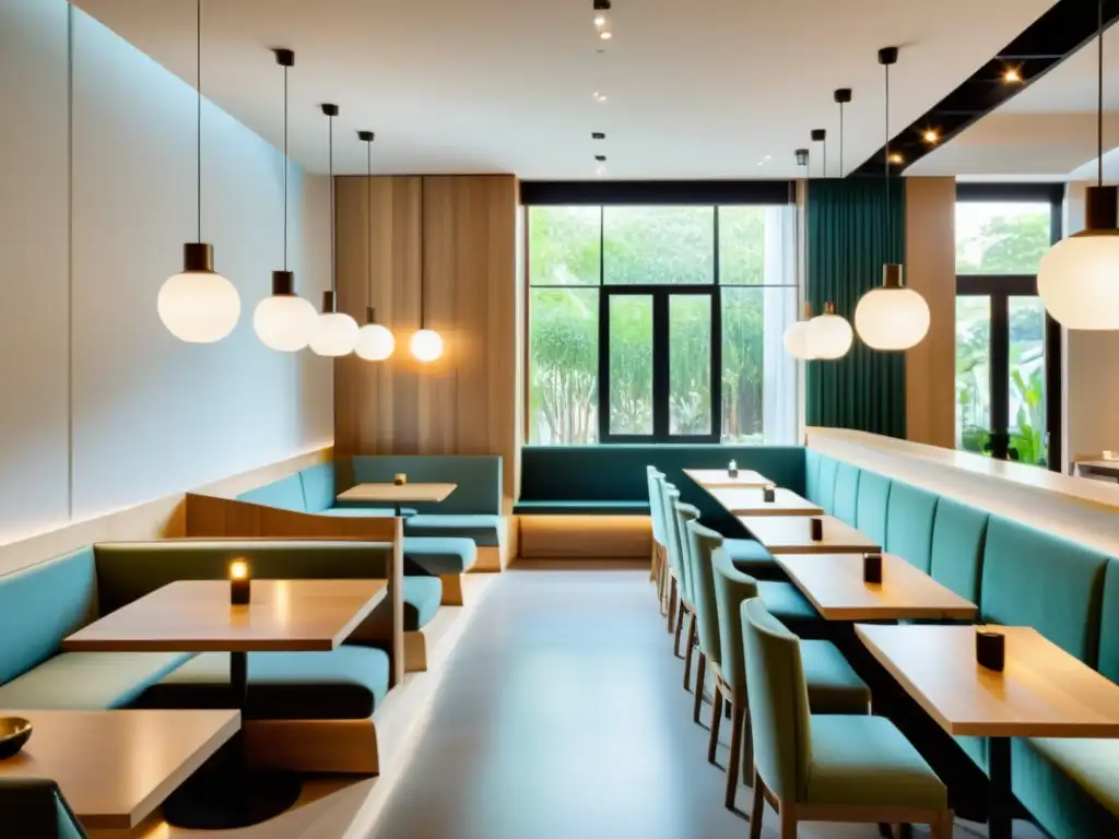 Un restaurante sereno y minimalista, con iluminación suave y equilibrio según el Feng Shui para atraer clientes