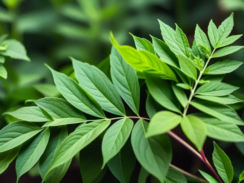 Un retrato detallado de hierbas y plantas verdes exuberantes, evocando serenidad y vitalidad