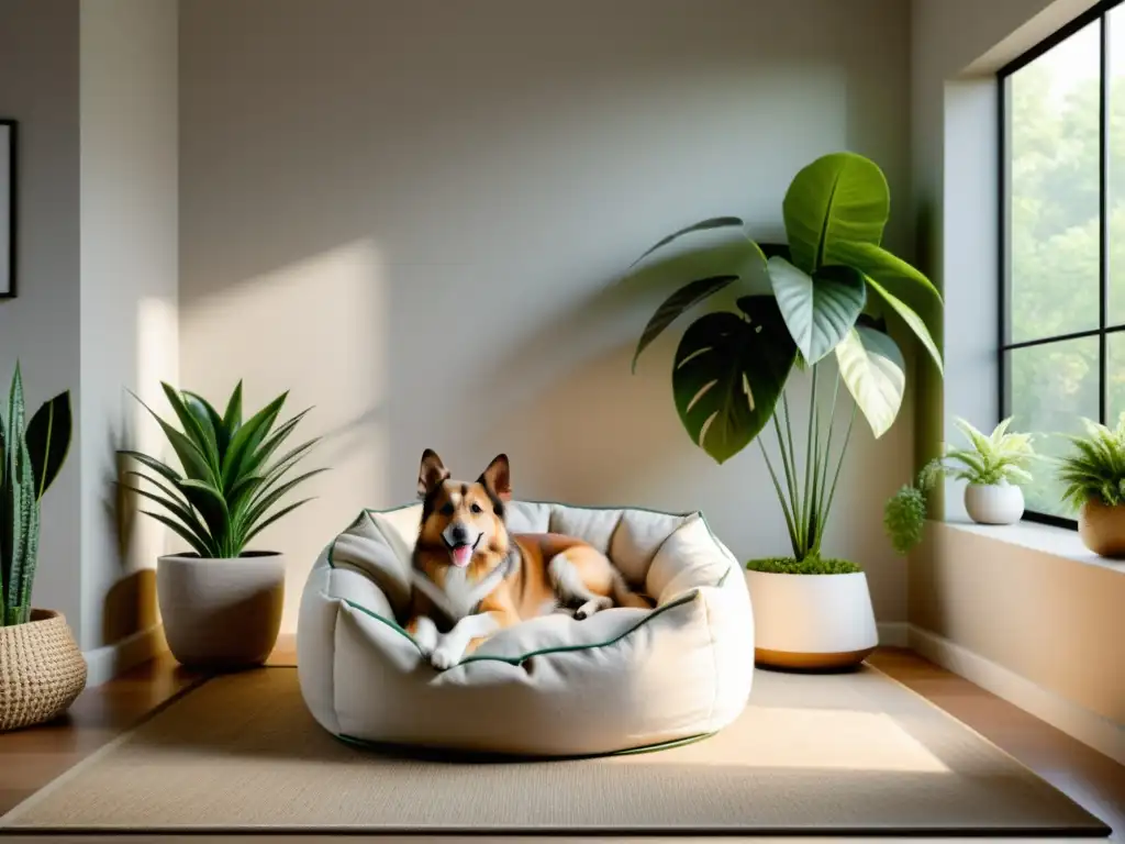 Un rincón acogedor con cama para mascotas, plantas verdes y texturas naturales, ideal para aplicar el Feng Shui para mascotas en casa