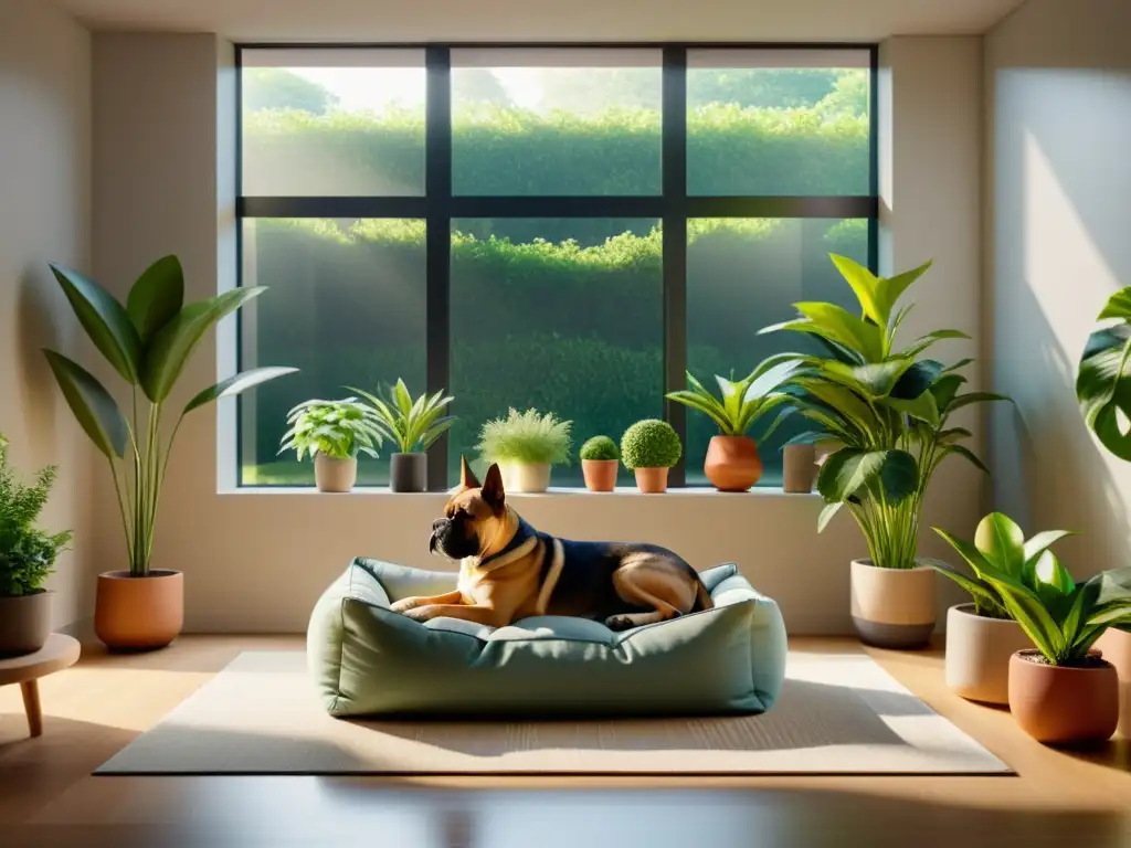 Un rincón acogedor para mascotas en un salón minimalista con vistas al jardín