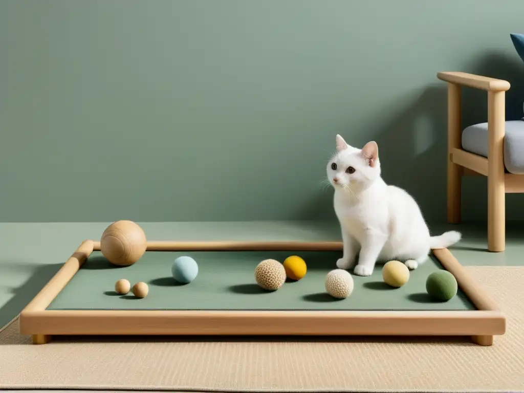 Un rincón armonioso para mascotas con elementos de juego según Feng Shui, que emana paz y equilibrio